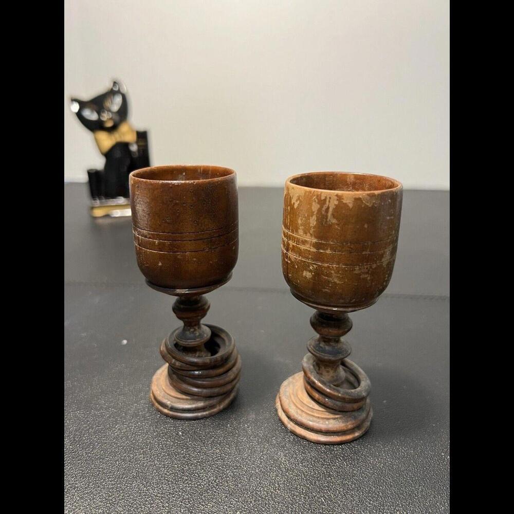 Antique 2 Hand Turned Wood 2 & 5 Captive Rings Wedding & Anniversary Goblets